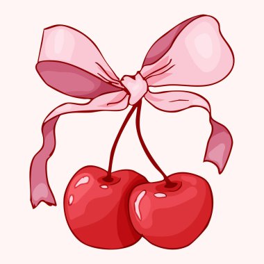 Kirazlı, papyonlu kız meyveli, kurdeleli, karalama karalamalı, y2k retro estetik. Tuhaf, şirin bir kiraz. - Evet. Vektör illüstrasyonu