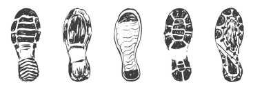 Ayakkabı izi çizmesi, ayak izi silueti. Çizme izi desenli, grunge. Dağ botu, yürüyüş izi. Vektör illüstrasyonu