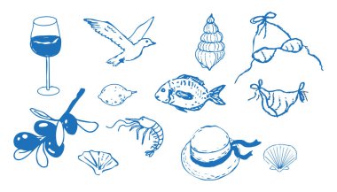 Yaz deniz kıyısı Yunan deniz turizmi, dinlenme eskizi çizimi. Çizgili el, plaj partisi elemanları. Tatil karalaması tropikal iz. Vektör illüstrasyonu