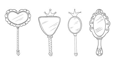 Prenses aynası, kaprisli bir el çizimi, sınır çizimi, tasarım unsuru. Küçük kraliçe, eski moda. Vektör illüstrasyonu