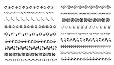 Etnik kabile sınırı, geleneksel el çizimi ayırıcı, karalama ayırıcı. Eski motif çizgisi geometrik fırça, çerçeveler için, tasarım elementi. - Evet. Vektör illüstrasyonu