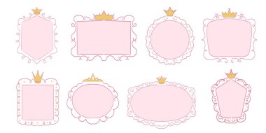 Taçlı girdap süslemeleri olan sevimli prenses pembe çerçeve çizimi. Basit bir karalama el çizimi sınırı. Tuhaf, zarif bir mahsul. Vektör illüstrasyonu