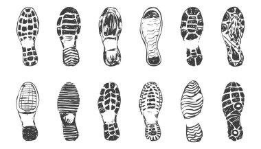 Ayakkabı izi çizmesi, ayak izi silueti. Çizme izi desenli, grunge. Dağ botu, yürüyüş izi. Vektör illüstrasyonu