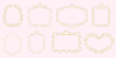 Taçlı girdap süslemeleri olan sevimli prenses pembe çerçeve çizimi. Basit bir karalama el çizimi sınırı. Tuhaf, zarif bir mahsul. Vektör illüstrasyonu