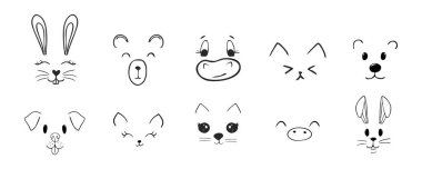 Sevimli hayvan yüzleri, evcil hayvan çizgi romanları ve ifadeleri. Lezzetli yalayıcı dil, ağız, tapılası duygular. Çizgi film ya da kawaii kuku evcil hayvanı. Vektör illüstrasyonu