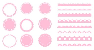 Kabartılmış pembe kenar, beyaz arka planda izole edilmiş, kalp ve noktalar süsleme kenarı süslemeli şirin bir bölme. - Evet. Vektör illüstrasyonu