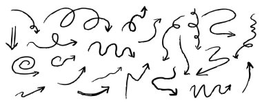 Ok pastel tebeşirle çizilmiş karalama grunge çizgisi ayarlandı. İmleç karalaması dalgalı girdap, komik basit element. Spiral dokulu yön gösterici. Vektör illüstrasyonu