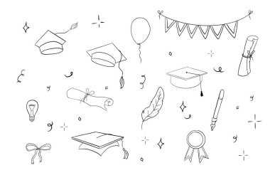 Mezuniyet şapkası çizgisi. Üniversite mezuniyet yüzbaşısı ve diploma derecesi taslağı. Mezuniyet şapkası skeci. Vektör illüstrasyonu