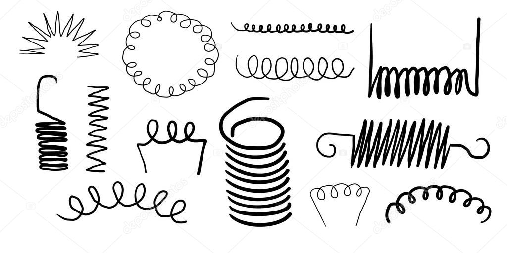 Metal coil spiral bounce metal line hand drawn doodle. Slinky or wire flexible spring. Set curly wavy twisted shape. Vector illustration