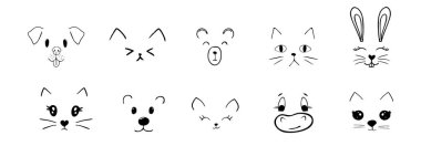 Sevimli hayvan yüzleri, evcil hayvan çizgi romanları ve ifadeleri. Lezzetli yalayıcı dil, ağız, tapılası duygular. Çizgi film ya da kawaii kuku evcil hayvanı. Vektör illüstrasyonu