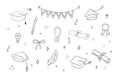 Mezuniyet şapkası çizgisi. Üniversite mezuniyet yüzbaşısı ve diploma derecesi taslağı. Mezuniyet şapkası skeci. Vektör illüstrasyonu