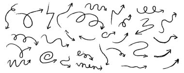 Ok pastel tebeşirle çizilmiş karalama grunge çizgisi ayarlandı. İmleç karalaması dalgalı girdap, komik basit element. Spiral dokulu yön gösterici. Vektör illüstrasyonu