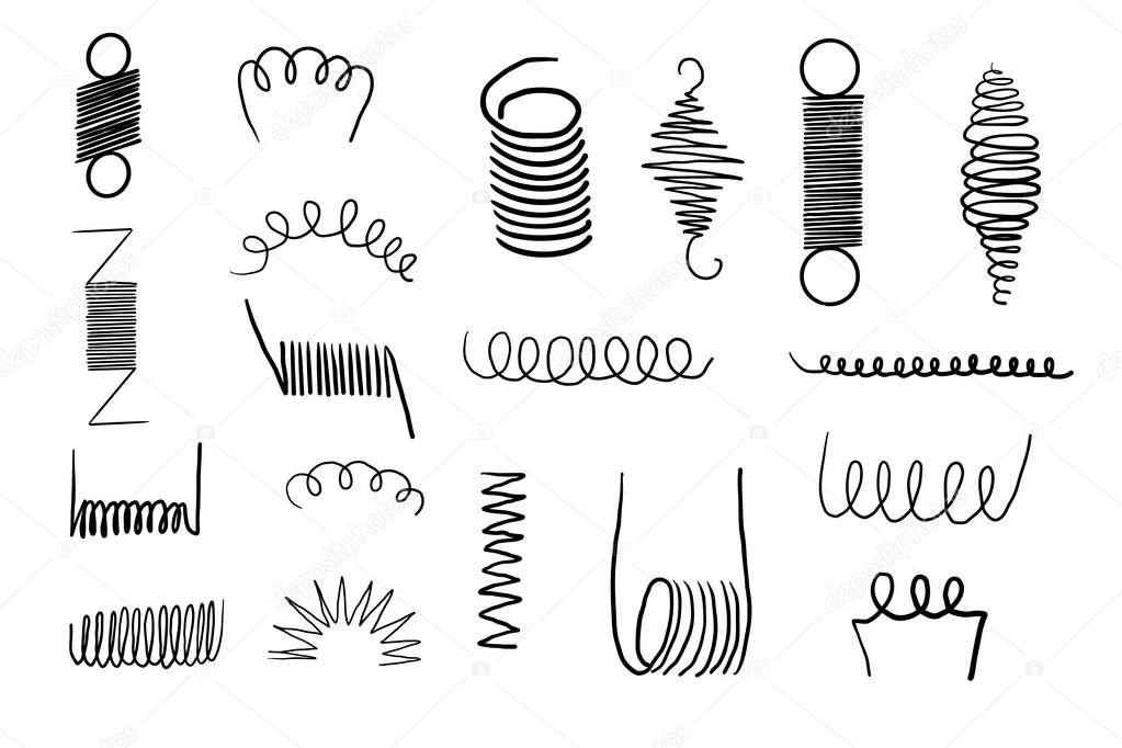 Metal coil spiral bounce metal line hand drawn doodle. Slinky or wire flexible spring. Set curly wavy twisted shape. Vector illustration