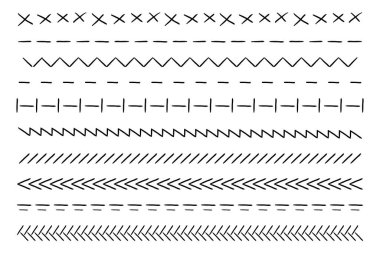 Dikiş makinesi, nakış işleme sınır kapısı zig zag kapağı. Geometrik kumaş işlemeleri, iplik dikiş fırçaları, dikiş dikişleri. - Evet. Vektör illüstrasyonu