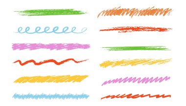 Boya kalemi, altı çizili fırça izi, grunge desenli çizim kenarı, ayırıcı. Pastel renkli karalamalar kömürün pürüzlü olduğunu vurguluyor. - Evet. Vektör illüstrasyonu