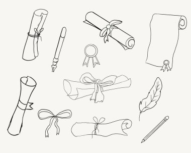 Mezuniyet kağıdı rulosu, diploma karalama çizgisi. Üniversite mezuniyet belgesi ve el yazısı taslağı. Mezuniyet şapkası skeci. Vektör illüstrasyonu