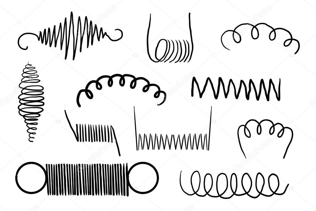 Metal coil spiral bounce metal line hand drawn doodle. Slinky or wire flexible spring. Set curly wavy twisted shape. Vector illustration