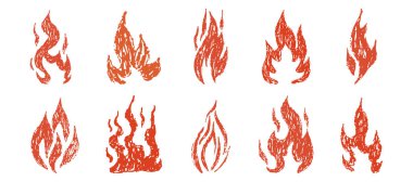 Alevli grunge el tebeşiri çekti. Dövme soyut y2k vintage basit şekil. Pastel boya kırmızı alev ikonu çizdi. Graffiti karalaması. Vektör illüstrasyonu