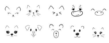 Sevimli hayvan yüzleri, evcil hayvan çizgi romanları ve ifadeleri. Lezzetli yalayıcı dil, ağız, tapılası duygular. Çizgi film ya da kawaii kuku evcil hayvanı. Vektör illüstrasyonu