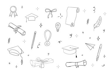 Mezuniyet şapkası çizgisi. Üniversite mezuniyet yüzbaşısı ve diploma derecesi taslağı. Mezuniyet şapkası skeci. Vektör illüstrasyonu