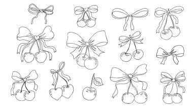 Kirazlı, papyonlu kız meyveli, kurdeleli, karalama karalamalı, y2k retro estetik. Tuhaf, şirin bir kiraz. - Evet. Vektör illüstrasyonu