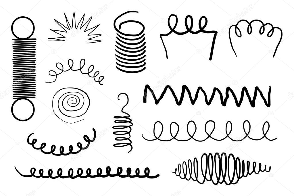 Metal coil spiral bounce metal line hand drawn doodle. Slinky or wire flexible spring. Set curly wavy twisted shape. Vector illustration