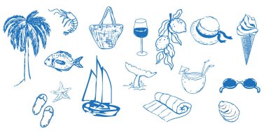 Yaz deniz kıyısı Yunan deniz turizmi, dinlenme eskizi çizimi. Çizgili el, plaj partisi elemanları. Tatil karalaması tropikal iz. Vektör illüstrasyonu