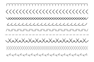 Dikiş makinesi, nakış işleme sınır kapısı zig zag kapağı. Geometrik kumaş işlemeleri, iplik dikiş fırçaları, dikiş dikişleri. - Evet. Vektör illüstrasyonu