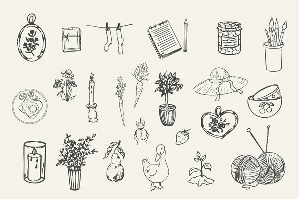 Cottagecore kırsal alanda rahat şeyler çiziyor. Retro sevimli, kaprisli çiftlik temalı kır evi çekirdek estetiği. Hobi koleksiyonu, sebze karalaması. Vektör illüstrasyonu