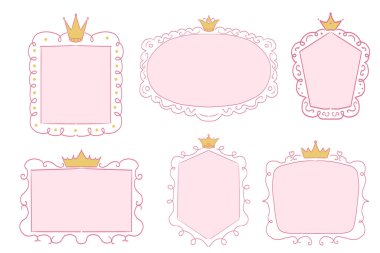 Taçlı girdap süslemeleri olan sevimli prenses pembe çerçeve çizimi. Basit bir karalama el çizimi sınırı. Tuhaf, zarif bir mahsul. Vektör illüstrasyonu