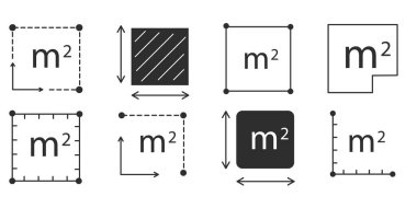 Metre kare simge çizgisi nicelik alanı, m2 alan ölçüm işareti sembolü. Basit bir bölge ölçümü. Düz alan metrekaresi. Vektör illüstrasyonu