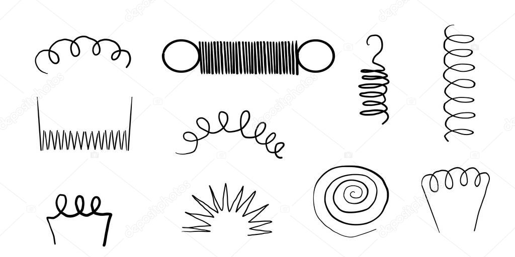 Metal coil spiral bounce metal line hand drawn doodle. Slinky or wire flexible spring. Set curly wavy twisted shape. Vector illustration