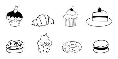 Tatlı ikonu seti, kahvaltı çöreği, çörek ve şekerlemeler el çizimi. Tatlı yemek çizgisi desenli kafe menü dekorasyonları. Vektör illüstrasyonu