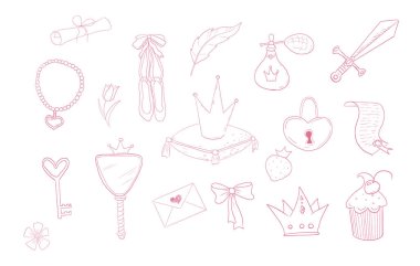 Prenses güzel bir el çizimi çizimi yaptı. Sihirli kız aynası, güzellik yarışması, taç, peri masalı fantezisi. Kraliyet aksesuarı. Mektup ve anahtar. Vektör illüstrasyonu