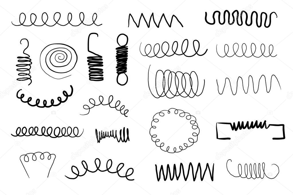 Metal coil spiral bounce metal line hand drawn doodle. Slinky or wire flexible spring. Set curly wavy twisted shape. Vector illustration