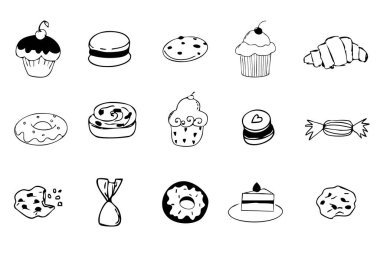 Tatlı ikonu seti, kahvaltı çöreği, çörek ve şekerlemeler el çizimi. Tatlı yemek çizgisi desenli kafe menü dekorasyonları. Vektör illüstrasyonu