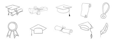 Mezuniyet şapkası çizgisi. Üniversite mezuniyet yüzbaşısı ve diploma derecesi taslağı. Mezuniyet şapkası skeci. Vektör illüstrasyonu