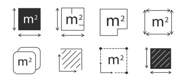 Metre kare simge çizgisi nicelik alanı, m2 alan ölçüm işareti sembolü. Basit bir bölge ölçümü. Düz alan metrekaresi. Vektör illüstrasyonu