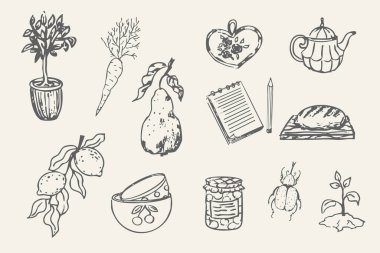 Retro sevimli, kaprisli çiftlik temalı kır evi çekirdek estetiği. Cottagecore kırsal alanda rahat şeyler çiziyor. Hobi koleksiyonu, sebze karalaması. Vektör illüstrasyonu