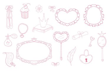 Prenses güzel bir el çizimi çizimi yaptı. Sihirli kız aynası, güzellik yarışması, taç, peri masalı fantezisi. Kraliyet aksesuarı. Mektup ve anahtar. Vektör illüstrasyonu