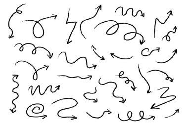 Ok pastel tebeşirle çizilmiş karalama grunge çizgisi ayarlandı. İmleç karalaması dalgalı girdap, komik basit element. Spiral dokulu yön gösterici. Vektör illüstrasyonu