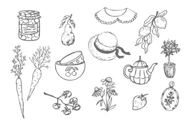 Cottagecore kırsal alanda rahat şeyler çiziyor. Retro sevimli, kaprisli çiftlik temalı kır evi çekirdek estetiği. Hobi koleksiyonu, sebze karalaması. Vektör illüstrasyonu