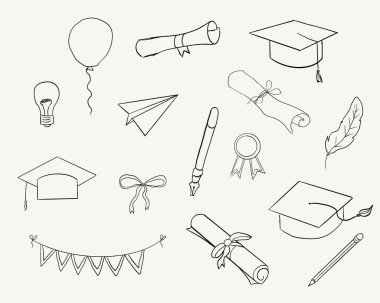 Mezuniyet şapkası çizgisi. Üniversite mezuniyet yüzbaşısı ve diploma derecesi taslağı. Mezuniyet şapkası skeci. Vektör illüstrasyonu