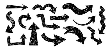 Kalın ok kalemi ya da tebeşirle çizilmiş grunge desenli set. Farklı yönler basit eğri şekli. Kalem, kalem, pastel karalama. Vektör illüstrasyonu