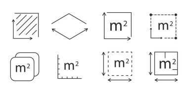 Metre kare simge çizgisi nicelik alanı, m2 alan ölçüm işareti sembolü. Basit bir bölge ölçümü. Düz alan metrekaresi. Vektör illüstrasyonu