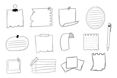 Not sayfası kurşun Jourlal çizimi, elle çizilmiş karalama çıkartmaları ofis listesi kutusu ya da çerçeve. Çizgi roman planlayıcı anımsatıcı, kırtasiye tasarım elemanlarını ayarla. Vektör illüstrasyonu