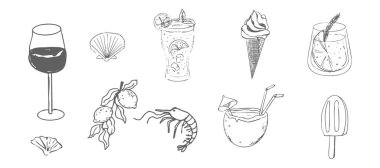 Yaz deniz kıyısı Yunan deniz turizmi, dinlenme eskizi çizimi. Çizgili el, plaj partisi elemanları. Tatil karalaması tropikal iz. Vektör illüstrasyonu