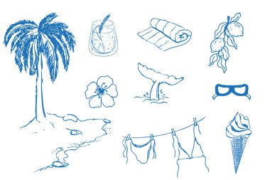 Yaz deniz kıyısı Yunan deniz turizmi, dinlenme eskizi çizimi. Çizgili el, plaj partisi elemanları. Tatil karalaması tropikal iz. Vektör illüstrasyonu