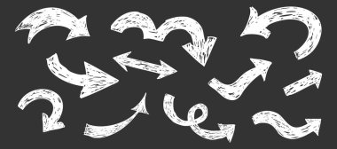 Kalın beyaz ok boyası ya da tebeşirle çizilmiş grunge karatahta desenli. Farklı yönler basit eğri şekli. Kalem, kalem, pastel karalama. Vektör illüstrasyonu