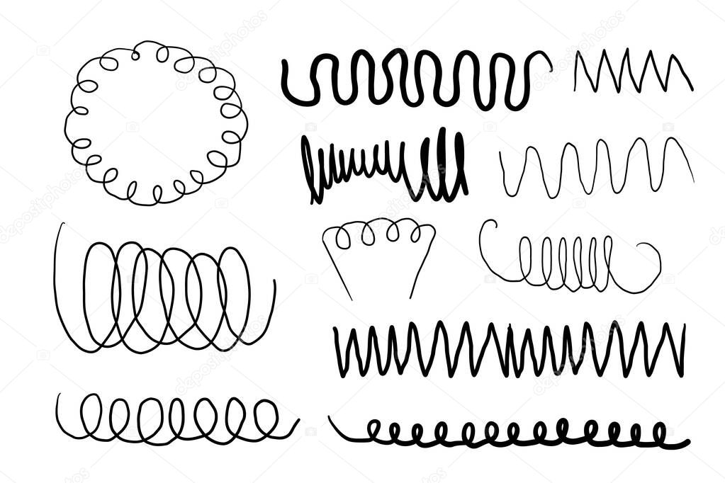 Metal coil spiral bounce metal line hand drawn doodle. Slinky or wire flexible spring. Set curly wavy twisted shape. Vector illustration